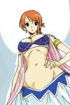  1girl alabasta arabian_clothes armband breasts cleavage curvy earrings female from_below hand_on_hip hips jewelry long_skirt michael midriff nami_(one_piece) navel one_piece orange_hair short_hair skirt sleeveless solo tattoo 
