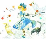  1girl alice_(wonderland) alice_(wonderland)_(cosplay) alice_in_wonderland blonde_hair boots cat cheshire_cat clock cosplay dress flower footwear hairband higurashi_no_naku_koro_ni houjou_satoko parody pocket_watch rabbit red_eyes short_hair socks watch white_rabbit 