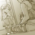  1boy 2girls animal_slippers archer blush bunny_slippers child fate/stay_night fate_(series) lowres matou_sakura monochrome multiple_girls sepia st_parasu tears tohsaka_rin twintails younger 