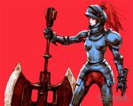  1girl armor axe castlevania castlevania:_portrait_of_ruin double_bladed_axe double_headed_battle_axe genderswap gloves helmet huge_weapon knight long_hair matsukeshi monster_girl official_art old_axe_armor ponytail profile red_eyes redhead simple_background solo standing warrior weapon 