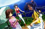  3girls absurdres antenna_hair blue_eyes blue_hair brown_eyes brown_hair casual clannad detexted fujibayashi_ryou furukawa_nagisa hair_bobbles hair_ornament highres ichinose_kotomi ikeda_kazumi long_hair looking_back multiple_girls official_art parasol purple_hair short_hair shorts skirt skirt_lift thigh-highs two_side_up umbrella violet_eyes 