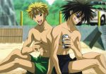  2boys alcohol amano_ginji beach beer getbackers highres male_focus male_swimwear midou_ban multiple_boys nakajima_atsuko shirtless sitting sunglasses swim_trunks swimsuit swimwear 