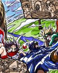  1girl 2boys black_hair blonde_hair blush chunsoft dragon_quest dragon_quest_ii enix field goggles goggles_on_head grass hanbu_hantarou looking_at_viewer lowres monster_request multiple_boys outdoors prince_of_lorasia prince_of_samantoria princess_of_moonbrook spiky_hair translation_request 