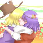  2girls any_(artist) any_(lucky_denver_mint) any_(pixiv) bad_id blonde_hair blush closed_eyes couple eyes female glomp hair_ornament hat hat_removed headwear_removed highres hug kiss leaf leaf_hair_ornament moriya_suwako multiple_girls profile purple_hair tears touhou yasaka_kanako yuri 