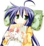  :3 absurdres ahoge blue_hair book highres izumi_konata kogami_akira long_hair lucky_star lying pillow smile wink yoshimizu_kagami 