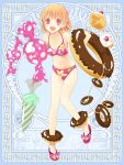  1girl bikini blonde_hair candy doughnut food red_eyes sandals silver_rain solo swimsuit toshiya umbrella 