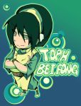  1girl avatar:_the_last_airbender avatar_(series) black_hair blind crossed_arms foreshortening from_above full_body green_eyes hair_between_eyes long_sleeves nickelodeon short_hair solo standing text toph_bei_fong 