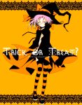  00s 2008 androgynous blue_eyes blush cape crona_(soul_eater) dated hair_between_eyes halloween hat highres mary_janes orange_(color) orange_background pink_hair sakurazawa_izumi shoes short_hair shy solo soul_eater striped striped_legwear thigh-highs trick_or_treat witch_hat 