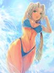 1girl arms_behind_head arms_up bikini blonde_hair bow breasts curvy dead_or_alive green_eyes hair_bow helena_douglas hips lens_flare long_hair navel ponytail solo swimsuit tecmo very_long_hair water wet wide_hips yoko_juusuke 