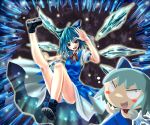  1girl blue_hair blush boots breasts cirno dress female hand_up kabutoyama kneepits looking_at_viewer open_mouth panties ribbon shirt short_hair short_sleeves smile solo striped striped_panties the_embodiment_of_scarlet_devil touhou underwear wings 