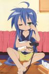  1girl absurdres ahoge barefoot blue_hair comp_h&#039;s feet game_console green_eyes highres horiguchi_yukiko izumi_konata long_hair lucky_star mole official_art one_eye_closed playing_games playstation_2 scan shorts sitting sleepy soles solo tissue tissue_box toes very_long_hair video_game wink 