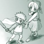  1boy 1girl cape emiya_shirou fate/stay_night fate_(series) green lowres monochrome pantyhose raglan_sleeves saber shinai sketch st_parasu sword weapon younger 