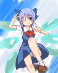  1girl blue_hair cirno dogeza_emon dress fang female flying gradient gradient_background outdoors panties ribbon short_hair sky solo the_embodiment_of_scarlet_devil touhou underwear wings 