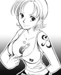  1girl between_breasts breasts chabudai cleavage den_den_mushi downblouse female large_breasts lowres monochrome nami_(one_piece) one_piece shirt_pull short_hair smile snail solo tattoo 