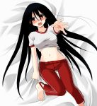  1girl barefoot bed_sheet black_hair blush breasts double_vertical_stripe ekra feet komori_kiri large_breasts long_hair looking_at_viewer lying midriff navel on_back open_mouth outstretched_arm pants red_eyes sayonara_zetsubou_sensei solo thigh_gap track_pants 