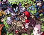  &gt;:d 1girl 4boys :d :o akuma_shinkan arm_support arm_wrestle bangs belt bent_over blue_skin bodysuit cable chunsoft constricted_pupils dragon_quest dragon_quest_ii enix forehead_jewel frown gem gloves goggles goggles_on_hat grass hanbu_hantarou hand_holding hand_on_hip hand_to_own_mouth hargon head_wings hood horns long_hair long_sleeves looking_down lowres monster monster_request multiple_boys oekaki on_ground oonamekuji open_mouth outdoors prince_of_lorasia prince_of_samantoria princess_of_moonbrook profile purple_hair rapier robe scepter short_hair sitting slime slime_(dragon_quest) slug smile spiky_hair standing surprised sweat sweatdrop sword translation_request tree_stump tunic weapon wince 