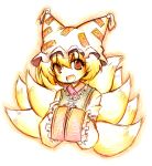  1girl bad_id blonde_hair colored_pencil_(medium) fang female fox_tail hands_in_sleeves hat kiri_futoshi long_sleeves multiple_tails open_mouth pillow_hat short_hair solo tail tassel touhou traditional_media white_background wide_sleeves yakumo_ran 