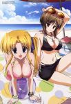  2girls absurdres beach beach_umbrella bikini blonde_hair blue_eyes breasts brown_hair cleavage ef hayama_mizuki highres hirono_nagi jewelry large_breasts long_hair long_legs megami multiple_girls necklace ocean outdoors parasol red_eyes sky sugiyama_nobuhiro sunglasses swimsuit twintails umbrella 