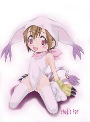  1girl blush brown_hair child cosplay digimon digimon_adventure gloves legwear leotard solo studio_tar tail tailmon tailmon_(cosplay) thigh-highs yagami_hikari 