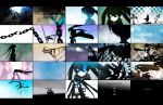  1girl black_hair black_rock_shooter black_rock_shooter_(character) blue_eyes chains checkered cross ground_vehicle hatsune_miku highres huke long_hair moon motor_vehicle motorcycle sky supercell sword tears twintails uneven_twintails vehicle vocaloid weapon 