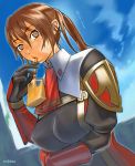  1girl breast_rest breasts brown_eyes brown_hair erect_nipples female final_fantasy final_fantasy_xi gloves hume juice long_hair ponytail red_mage robina sky solo sweatdrop 