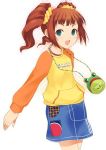  1girl brown_hair green_eyes idolmaster mizuki_makoto open_mouth raglan_sleeves solo takatsuki_yayoi twintails 