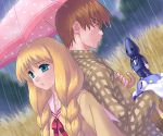  00s 1boy 1girl back-to-back blonde_hair blue_eyes braid brown_hair long_hair oekaki one orihara_kouhei rain satomura_akane school_uniform shared_umbrella short_hair twin_braids umbrella zen 