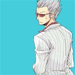  1boy akagi blue_background formal from_behind hirayama_yukio long_sleeves looking_back lowres male_focus oekaki pinstripe_suit silver_hair simple_background solo spiky_hair striped suit sweatdrop upper_body 