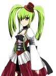  1girl alternate_hairstyle armlet belt breasts c.c. choker cleavage code_geass collarbone corset dress expressionless female green_hair hat juliet_sleeves long_hair long_sleeves looking_at_viewer maro_nie puffy_long_sleeves puffy_sleeves sidelocks simple_background solo standing top_hat twintails white_background white_dress yellow_eyes 