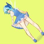  1girl ass bad_id blue_eyes blue_hair blush bow c2 chako_nejio cirno dress dress_lift dutch_angle female hair_bow hair_ornament kazuki looking_at_viewer looking_back naughty_face panties ribbon short_hair simple_background smile solo standing the_embodiment_of_scarlet_devil touhou underwear wings 