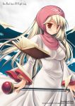  1girl beret blonde_hair blush book breasts chunsoft cowboy_shot dragon_quest dragon_quest_ii dress enix floating_object gem hat hood large_breasts long_sleeves looking_at_viewer miyasu_risa princess_of_moonbrook red_eyes solo sphere standing wand white_dress 