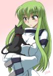  1girl black_cat blush c.c. cat code_geass collar expressionless green_eyes green_hair holding long_sleeves pink_background robe simple_background solo straitjacket surprised upper_body wide-eyed wide_sleeves yellow_eyes 
