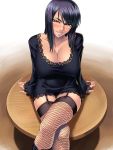  1girl arm_support black_dress black_hair blush breasts cleavage collarbone crossed_legs curvy dress female fishnet_legwear fishnets garter_belt garter_straps huge_breasts kagami_hirotaka lace lace-trimmed_dress lace_trim legs_crossed lingerie long_hair long_sleeves looking_at_viewer nico_robin one_piece parted_lips short_dress sitting sitting_on_table smile solo table thigh-highs thriller_bark underwear yellow_eyes zettai_ryouiki 