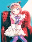  1girl animal_ears armchair cat_ears chair hands_clasped maid osamu sitting solo thigh-highs v_arms 
