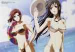  2girls 90s absurdres armpits bandeau bangs bikini black_hair blue_sky breasts brown_bikini brown_hair clouds cowboy_shot cross-laced_clothes dutch_angle green_eyes groin hand_on_hip hand_up hat hat_removed headwear_removed highres holding innertube kobayakawa_miyuki large_breasts light light_rays long_hair looking_afar lowleg lowleg_bikini megami mound_of_venus multiple_girls nakajima_atsuko navel official_art parted_lips raised_hand short_hair side-tie_bikini sky smile sun_hat sunbeam sunlight swept_bangs swimsuit tsujimoto_natsumi violet_eyes water white_bikini white_swimsuit wide_hips wind you&#039;re_under_arrest 