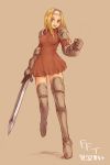  1girl blonde_hair boots breasts female final_fantasy final_fantasy_tactics full_body gloves hairband kara_(color) long_hair simple_background skirt solo squire_(fft) sword thigh-highs thigh_boots weapon 