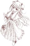  1girl bow capelet crescent female hair_bow hat long_hair monochrome outstretched_arms patchouli_knowledge robe sketch solo spread_arms striped touhou yumesato_makura 