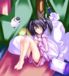  1girl ar_tonelico ar_tonelico_i barefoot black_hair blush female green_eyes gust misha_arsellec_lune moru_pomu_po pajamas pillow sheep solo twintails wink younger 