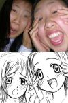  2girls :o asian comparison fang male_focus multiple_girls otaku photo sketch 