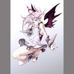  1girl armpits bare_legs bare_shoulders bracelet demon_girl demon_wings dress feet full_body gloves jewelry kneeling kousaki_rui long_hair looking_at_viewer original outstretched_arm ponytail red_eyes silver_hair simple_background solo white_background white_dress wings 