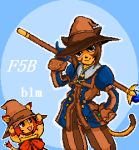  :d androgynous black_mage blue_background cat contrapposto cowboy_shot creature final_fantasy final_fantasy_xi gem hat holding kitten looking_at_viewer lowres mithra open_mouth simple_background smile sphere staff standing witch_hat 