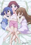  3girls absurdres amamiya_manami barefoot bed feet frilled_pillow frills gakuen_utopia_manabi_straight! highres inamori_mika kikuchi_shun&#039;ya megami multiple_girls odori_momoha official_art pajamas pillow scan sleeping 