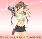  00s 1girl cowboy_hat cowboy_shot gun handgun hat maria-sama_ga_miteru midriff revolver shimazu_yoshino sleeves_rolled_up solo weapon western 