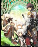  2boys 2girls arch armlet armor bare_shoulders belt belt_pouch black_hair blue_eyes brown_hair fantasy gauntlets grass looking_at_viewer multiple_boys multiple_girls original outdoors pants plant pocket red_eyes sheath sheathed short_hair shoulder_pads silver_hair simple_background standing sword vest weapon white_hair yoshizumi_kazuaki yoshizumi_kazuyuki 