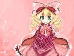  00s 1girl apron blonde_hair bow closed_mouth dress frills hair_bow hina_ichigo long_hair long_sleeves looking_at_viewer pink_background pink_bow red_dress rozen_maiden simple_background smile solo twintails ushiki_yoshitaka wide_sleeves 