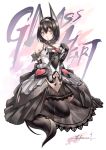  1girl animal_ears black_hair breasts cat_ears chains cleavage gothic_lolita heart kousaki_rui lace lolita_fashion pink_eyes princess short_hair solo tail 