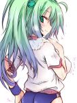  1girl armored_core armored_core:_for_answer back bad_id blush breasts from_software green_eyes green_hair gym_uniform long_hair looking_back may_greenfield nakabayashi_ryuu small_breasts solo sweat 