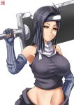  1girl bad_id black_hair breasts detached_sleeves forehead_protector genderswap homura_(haku89) huge_weapon kubikirihouchou large_breasts midriff momochi_zabuza naruto over_shoulder solo sword sword_over_shoulder weapon weapon_over_shoulder yellow_eyes 