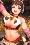  1girl :d animal_costume animal_ears artist_name audience bare_shoulders bell belt_collar blush breasts brook_(applebrk) brown_eyes brown_hair cleavage concert cow_bell cow_costume cow_ears cow_girl cow_print elbow_gloves frilled_skirt frills gloves glowstick headset horned_headwear idolmaster idolmaster_cinderella_girls large_breasts looking_at_viewer midriff navel oikawa_shizuku open_mouth short_hair skirt smile solo sparkle upper_body very_short_hair 