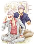  2boys akagi akagi_shigeru belt chin_rest clenched_hands clenched_teeth collared_shirt formal grey_hair grin hirayama_yukio long_sleeves male_focus multiple_boys pinstripe_suit raised_fist red_glasses shirt short_sleeves sitting smile striped suit teeth unbuttoned 